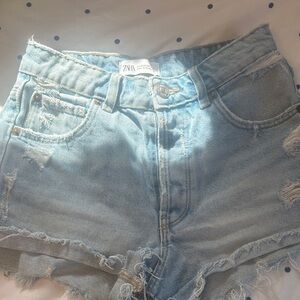 Zara Light Blue Distressed Jean Shorts